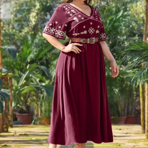 PLUS Boho Green V neck Floral Embroidered A-line Dress - Picture 7 of 13